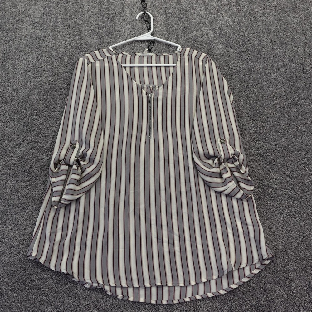 Maurices Blouse Womens Large Gray Striped Roll Tab Sleeve V Neck Zip Front Top